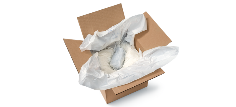 
		  A cardboard box containing a product and foam packaging