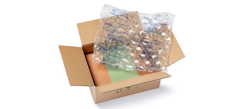 Open cardboard box with protective air cushions