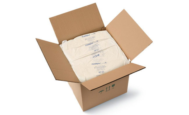 A cardboard box with foam packaging